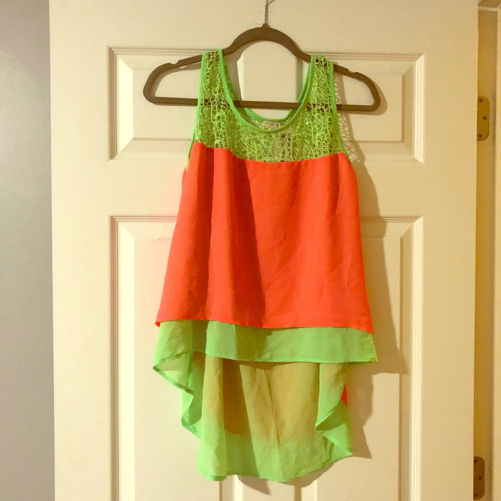 NWT sleeveless orange & green hi low top